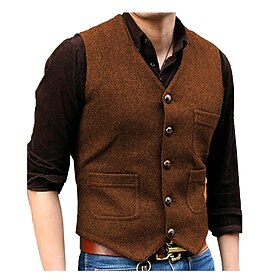 Men Vest Waistcoat Gilet Casual Outdoor Vacation Party Fashion Streetwear Spring Fall Buttons Polyester Wool Breathability Plain Single Breasted V Neck Navy Bl