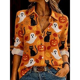 Halloween Women's Waffle Shirt Blouse Buttons Print Graphic Cat Pumpkin Vacation Vintage Daily Long Sleeve Shirt Collar Regular Tops Casual Daily Outdoor Black
