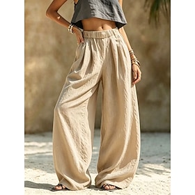 Women's Wide Leg Chinos Elegant Vintage Classic Style Full Length High Waist Solid Color Plain Comfortable Inelastic Daily Vacation Formal Coffee brown off whi