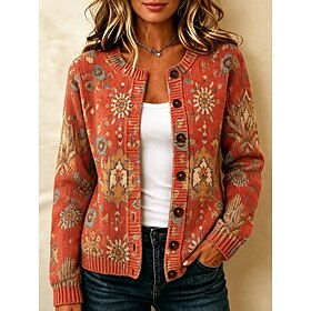 Women's Cardigan Fashion Daily Casual Graphic Geometric Ribbed Crew Neck Buttons Print Long Sleeve Regular Tops Knit Daily Outdoor Date Orange Fall Winter