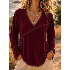 Women's Velvet Blouse Fringe Pullover Solid Color Elegant Vacation Vintage Long Sleeve Crew Neck Regular Tops Casual Daily Office Pink Red Light Purple Beige F