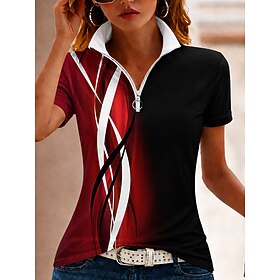 Women's T Shirt Zipper Quarter Zip Graphic Geometric Color Block Vintage Tropical Hawaiian Short Sleeve High Neck Regular Tops Beach Wedding Casual Daily Blue