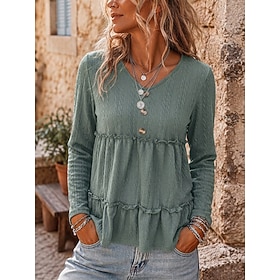 Women's Blouse Texture Patchwork Buttons Bohemia Long Sleeve V Neck Casual Black Pink khaki Military Green Fall Winter