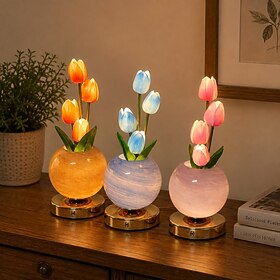 Tulip LED Table Lamp, 12.6in Rechargeable Cordless Touch Lamp with 3-Color Stepless Dimming, Tulip LED Planet Pot Ornament, Artificial Tulip Flower Night Light