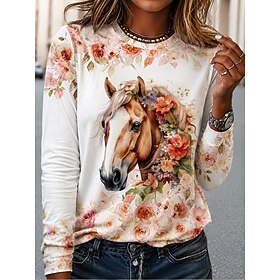 Women's T Shirt Print Floral Graphic Animal Fashion Classic Casual Long Sleeve Crew Neck Regular Tops Casual Daily Weekend White Yellow Brown Spring Fall