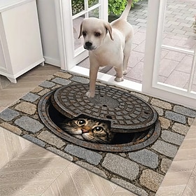 3D Optical Illusion Doormat Ginger Cat Peeking from Open Manhole Cover Cobblestone Front Door Mat Indoor Outdoor Entrance Rug Funny Home Decor