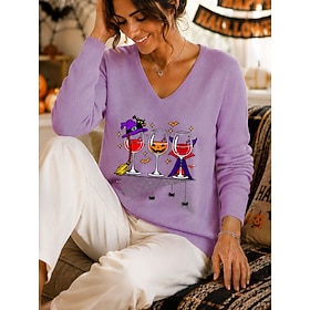Women's Sweater Fashion Daily Casual Graphic Animal Ribbed V Neck Buttons Print Long Sleeve Regular Tops Knit Daily Outdoor Date Blue Black Fall Winter