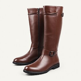 Men's Brown Knee High Riding Boots, Faux Leather Motorcycle Boots with Side Zip, Buckle Strap, Low Heel  Lug Sole for Riders, Casual Outdoor, Commuting  Daily