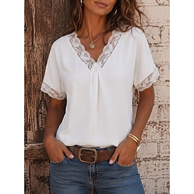 Women's Lace Splicing Top Ruched Solid Color Bohemia Short Sleeve V Neck Casual White Black Dark Blue Beige Summer Fall