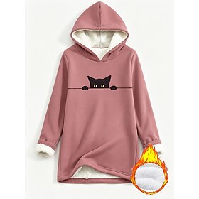 Women's Pullover Fleece Lined Hoodie Sweatshirt Print Graphic Animal Casual Comfrt Long Sleeve Hooded Long Tops Casual Street Blue Light Pink Dark Pink Red Gre