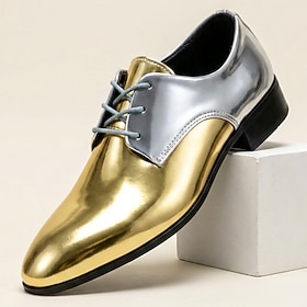 Men's Gold and Silver Dress Shoes, Metallic Pointed-Toe Lace-Up Oxfords with Color-Block Design for Stylish Men, Weddings, Parties and Formal Events