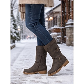 Women's Brown Mid-Calf Boots, Motorcycle Boots with Buckle Side Zip, Distressed Faux Leather Riding Boots, Low Block Heel for Fall Winter, Casual Walking, Tra