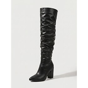 Women's Black Leather Slouchy Over the Knee Boots - Pointed Toe Block High Heel Shoes for Nightclub Parties, Date Night Streetwear