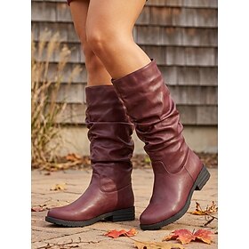 Women's Burgundy Soft Faux Leather Slouchy Boots, Ruched Relaxed Calf Vintage Tall Boots, Low Heel Anti-Slip Sole Footwear for Autumn Daily Street  Leaf Viewin