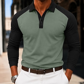 Men's Pique Polo Shirt Casual Business Turndown Long Sleeve Comfortable Office Color Block Color Block Buttons Fall Winter Regular Dark Green Orange Army Gree
