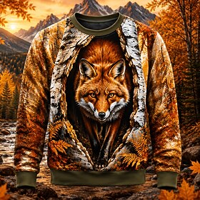 Men's Fox Elk Wolf Sweatshirt Casual Crew Neck Vacation Party Gift Orange 3 Orange Orange 2 Crewneck 3D All Seasons Designer S M L XL XXL XXXL