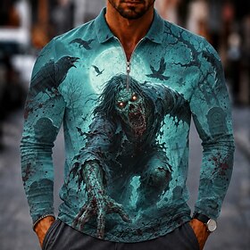 Halloween Men's Graphic Zip Polo Shirts Long Sleeve Polo Shirts Lapel Casual Horror Dark Outdoor Festival Outfit 3D Print Fall Winter 1# 2# 3#