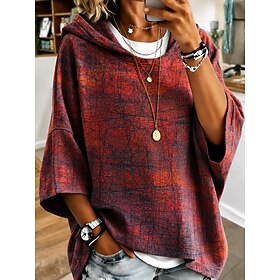 Women's Pullover Hoodie Sweatshirt Patchwork Print Graphic Geometric Striped Casual 3/4 Length Sleeve Hooded Long Tops Casual Street Dailywear Red Gray Green G