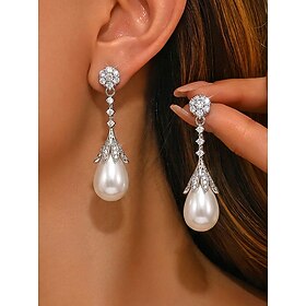Women's Alloy Faux Pearl Teardrop Rhinestone Earrings, Elegant Dangle Drop Earrings for Evening Party, Wedding Guest, Cocktail Event and Formal Occasion Wear