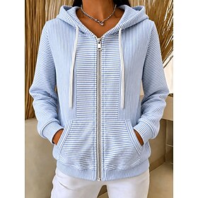 Women's Zip Up Hoodies Front Pocket Graphic Striped Active Casual Long Sleeve Hooded Regular Tops Casual Holiday Blue Brown Green Spring Fall