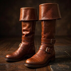 Men's Vintage Buckle Riding Boots, Fold-Over Mid-Calf Leather-Style Boots for Mature Men, Cosplay, Renaissance Fairs and Stage Events