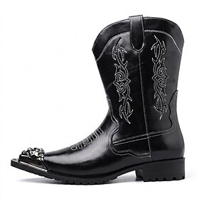 Men's Black Western Cowboy Boots, Pointed-Toe Pull-On Mid-Calf Boots with Embroidery and Metal Toe Cap for Stylish Men, Country Concerts, Parties and Western E