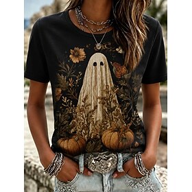 Halloween Women's T Shirt Print Graphic Ghost Witch Vintage Stylish Classic Short Sleeve Crew Neck Regular Tops Casual Daily Black Fall Winter