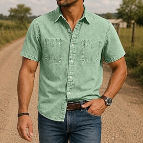 DenimTone™ Men's Washed Stretch Denim Shirt Stretch Comfort Easy Movement Short Sleeve 2-Pocket Summer-to-Fall Casual
