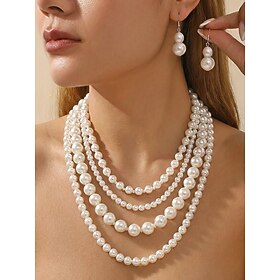 Women's Faux Pearl Multi-Layer Necklace and Earrings Set, Elegant Layered Statement Jewelry for Wedding, Evening Party, Banquet, Cocktail, Formal Events
