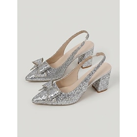 Women's Silver Glitter Cocktail Party Heels - Bow Pointed Toe Slingback Block Heel Pumps for Evening Events, Weddings Proms