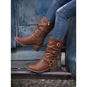 Women's Light Brown Block Heel Slouchy Boots - Casual Mid Calf Boots with Rivet Buckle Strap, Vintage Western Style Side Zip Boots for Country, Travel and Eve