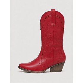 Women's Red Pointed Toe Western Cowboy Boots with Embroidered Stitching and Block Heel, Vintage Country Style Mid-calf Boots for Fall Outfits, Ranch Wear, Fest