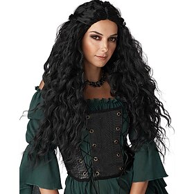 Dark Witch Cosplay Wig Black Long Wavy Curly Hair Half-Up Braided Style Synthetic Wig for Gothic Fantasy Halloween Costume