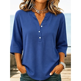 Women's Linen-feel Shirts Buttons Solid Color Vacation Streetwear Daily 3/4 Length Sleeve V Neck Long Tops Casual Black Dusty Rose Dark Blue Summer Spring Fall