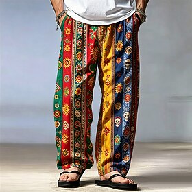 Men's Patchwork Bohemian Trousers Casual Pants Pants Trousers Mid Waist Ethnic Vintage Retro Casual Home Outdoor Drawstring Elastic Waist Wide Leg Summer Sprin
