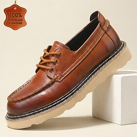 Men's Premium Genuine Leather Derby Shoes, Brown Moc Toe Lace-Up Casual Shoes with Cushioned Chunky Sole for Mature Men, Office, Travel and Everyday Wear
