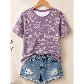 Women's 100% Cotton Summer Tops Floral Graphic Plants Elegant Vintage Stylish Short Sleeve Crew Neck Round Neck Regular Tops Casual Blue Yellow Red Purple Sum