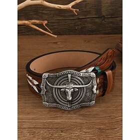 Men's Western Cowboy Faux Leather Belt with Adjustable Alloy Bull Head Buckle, Vintage Casual Waist Belt for Jeans, Rodeo, Country Concerts, Travel, Weekend We