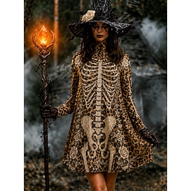 Halloween Women's Midi Dress A Line Dress Vacation Casual Boho Cocktail Party Going out Graphic Leopard Ghost Long Sleeve High Neck Black Orange Brown Fall Win