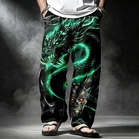 Men's Dragon Trousers Casual Pants Baggy Pants Mid Waist Vintage Retro Casual Outdoor Vacation Drawstring Elastic Waist Wide Leg Summer Spring 3D Print Black 1