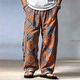Men's Geometric Patchwork Bohemian Trousers Pants Trousers Baggy Pants Mid Waist Ethnic Vintage Retro Casual Home Outdoor Drawstring Elastic Waist Wide Leg Sum
