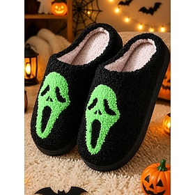 Men's Green Ghost Face Halloween Slippers, Black Plush Closed-Toe House Shoes for Horror Fans, Costume Parties and Indoor Lounging