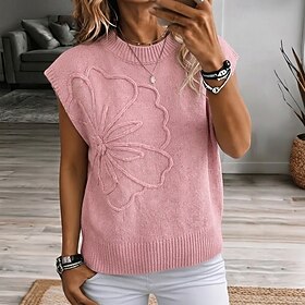 Women's Sweater Buttons Solid Color Floral Active Vacation Fashion Sleeveless Crew Neck Long Tops Daily Champagne Pink Light Grey Summer Spring Fall Winter