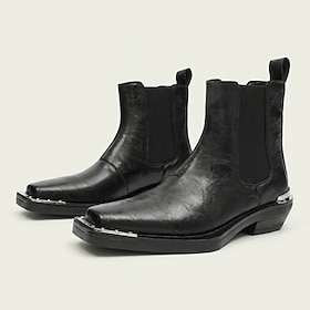 Men's Distressed Chelsea Boots, Vintage Square-Toe Block-Heel Ankle Boots for Rugged Men, Parties, Concerts and Streetwear