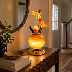 Orchid Tulip Table Lamp, 11.8in Rechargeable Cordless Touch Lamp with 3-Color Stepless Dimming, Planet Pot Ornament Artificial Cymbidium Night Light for Bedro