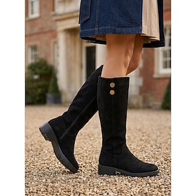 Women's Knee High Riding Boots with Button Accent and Low Block Heel, Comfortable Pull On Tall Boots for Fall Winter Casual Outfits