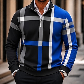Hombre A Rayas Sudadera Elegante retro de la vendimia Escote Chino Media cremallera Exterior Trabajo Regalo Azul Piscina Negro Cremallera Otoño Invierno Diseña