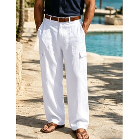 Men's Cargo Pants Linen Pants Trousers Summer Pants Beach Pants Elastic Waist Multi Pocket Solid Color Comfort Breathable Daily Outdoor Beach Vacation Fashion