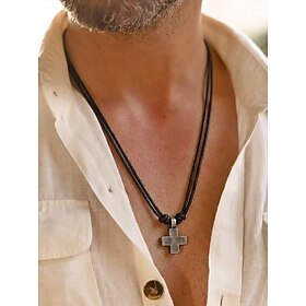 Men's Alloy Bohemian Cross Necklace, Vintage Leather Cord Pendant Necklace with Rustic Religious Inspired Design for Casual Wear, Outdoor Activities, Motorcycl