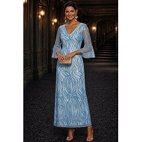 A-Line Dress Ankle Length Mother of the Bride Dress Long Sleeve V Neck Elegant Luxurious Sparkle Shine Formal Wedding Guest Semi Formal Spandex Satin Chiffon